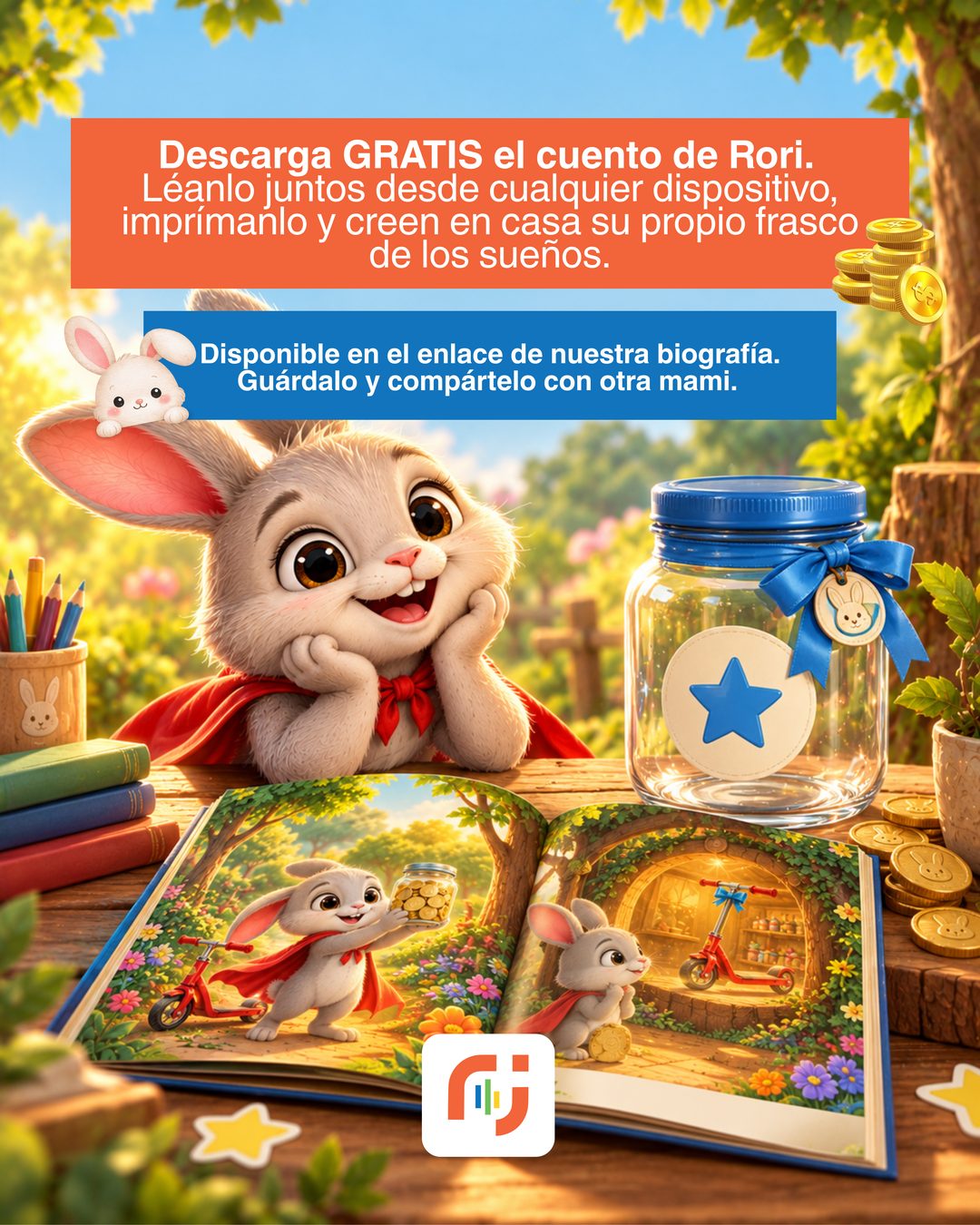 El libro de Rori abierto sobre una mesa junto a un frasco de los sueños con una estrella azul.