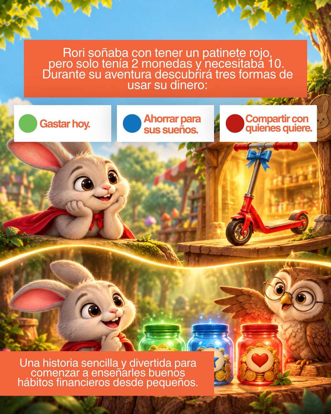 Rori mira un patinete rojo en una tienda; un búho con lentes le muestra tres frascos de monedas: verde, azul y rojo.